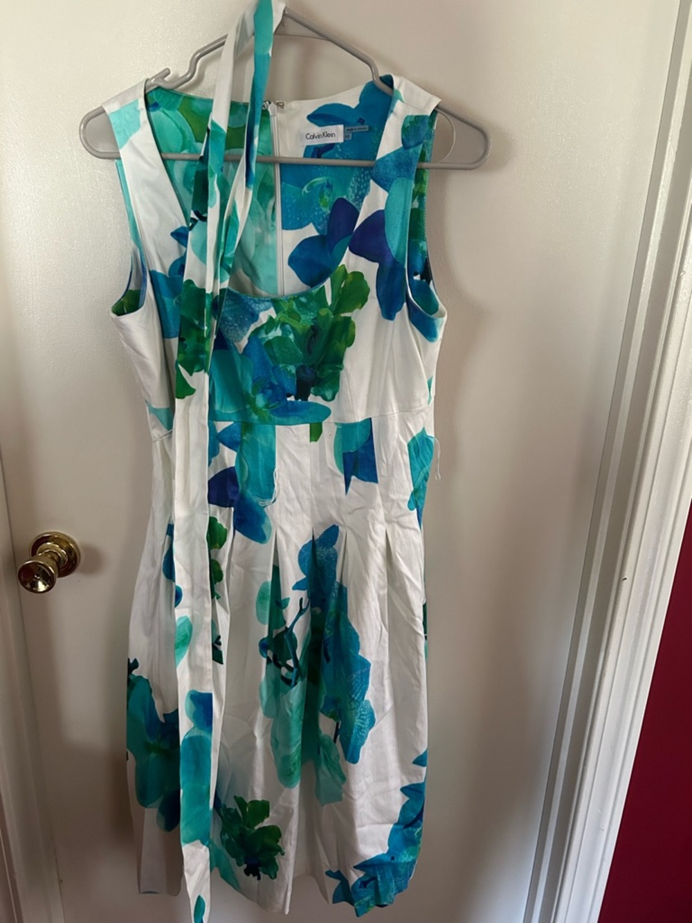 Calvin Klein White Midi Dress with Blue & Green Floral Print